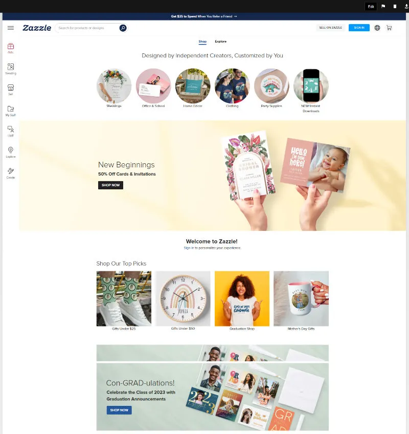 Zazzle homepage