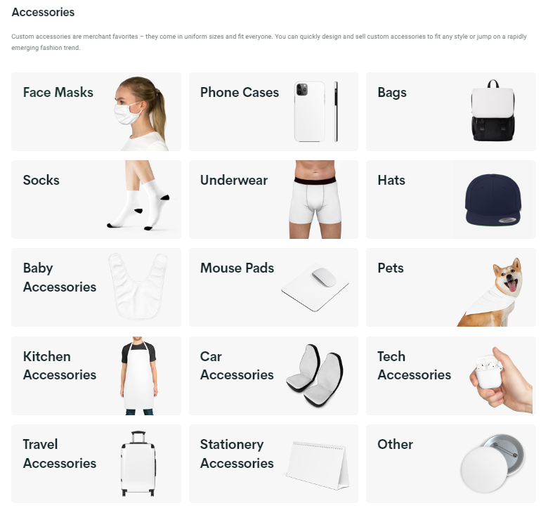 Print on demand accessories, Printify's product catalog